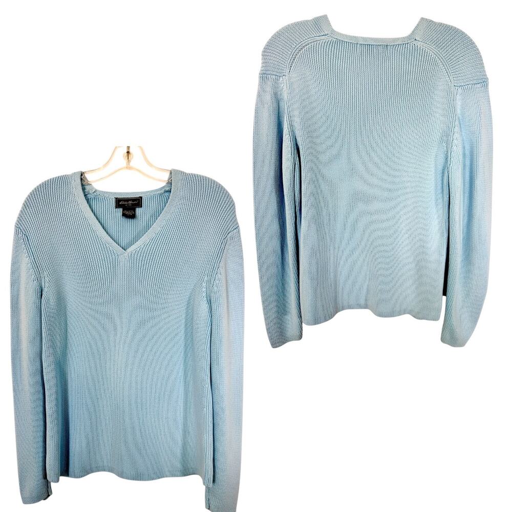 Eddie Bauer Cotton Ribbed V-Neck Sweater Petite L Blue Minimalist Coastal